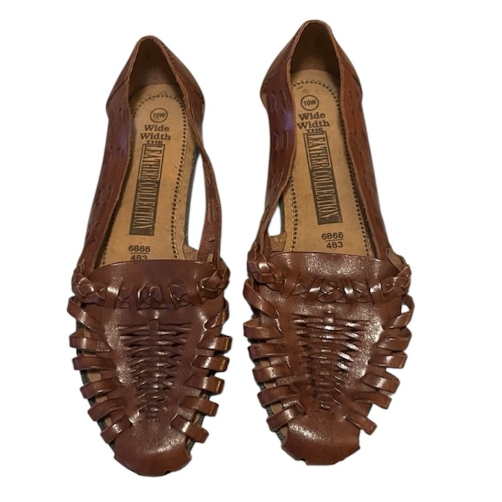 Leather Collection Womens 80s Brown Leather Huarache Woven Sandals Slip On NEW